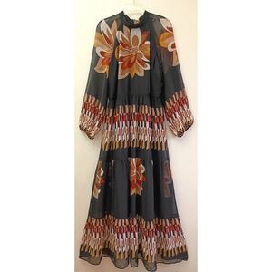 Maison Tara Black Floral Chiffon Tiered Maxi Dress Mock Neck Long Sleeve 16 Boho